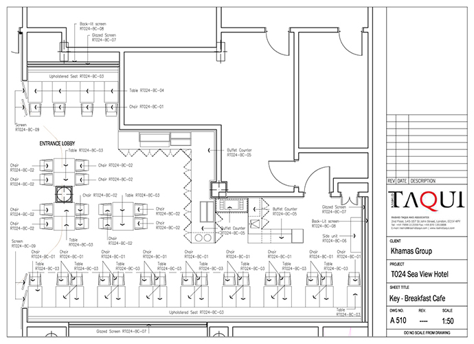Interior design working drawings for the Cafe in the Sea View Hotel interior renovation by RTAE, Dubai