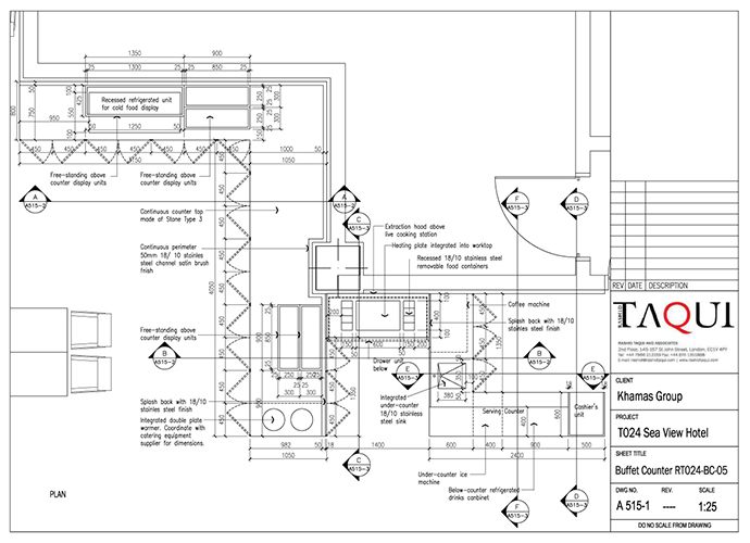 Interior design working drawings for the breakfast buffet in the Sea View Hotel interior renovation by RTAE, Dubai