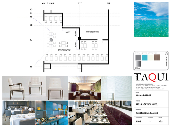 Concept interior design of the Cafe in the Sea View Hotel interior renovation by RTAE, Dubai