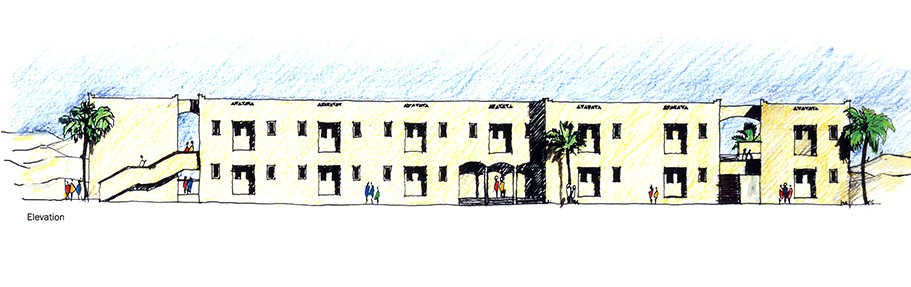 original hand-drawn sketch elevation by Rashid Taqui of the staff accommodation at the Al Maha Desert Resort & Spa designed by RTAE, Dubai