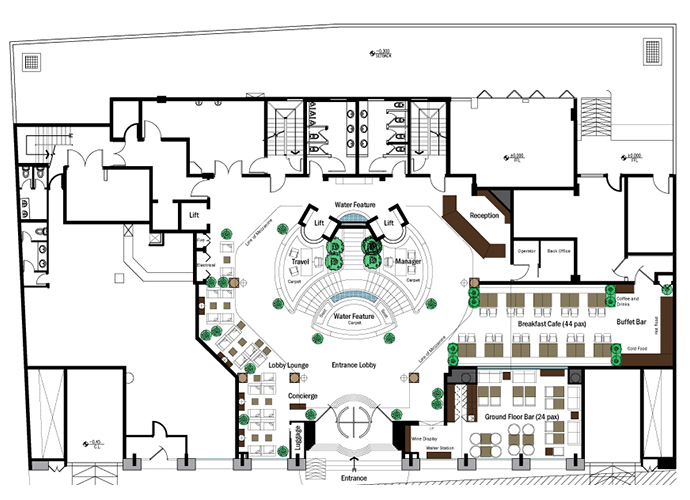 Furniture layout for the Ground Floor of the of the Sea View Hotel interior renovation by RTAE, Dubai