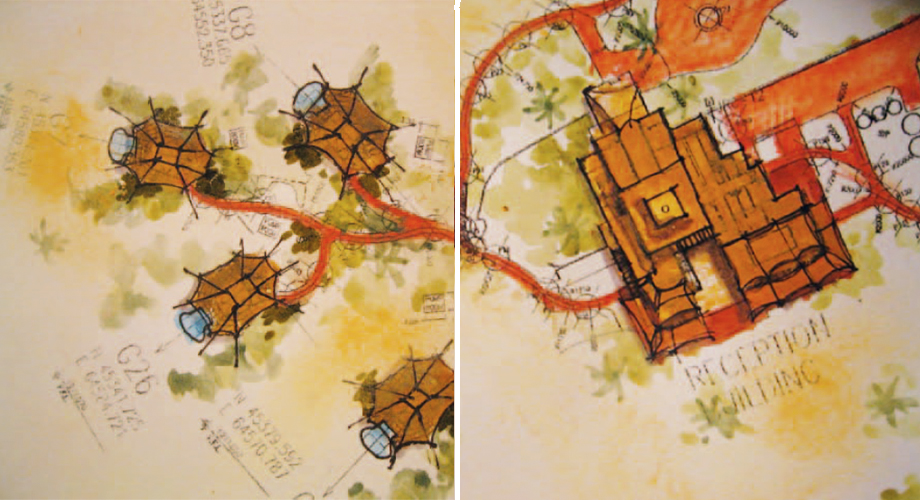 Original drawings and watercolours from the master plan of Al Maha Desert Resort and Spa