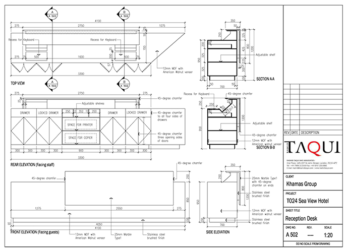 Interior design working drawings for the Recption-Front desk in the Sea View Hotel interior renovation by RTAE, Dubai