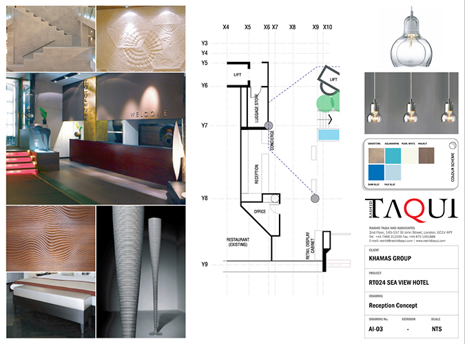 Concept interior design of the Guest Reception in the of the Sea View Hotel interior renovation by RTAE, Dubai