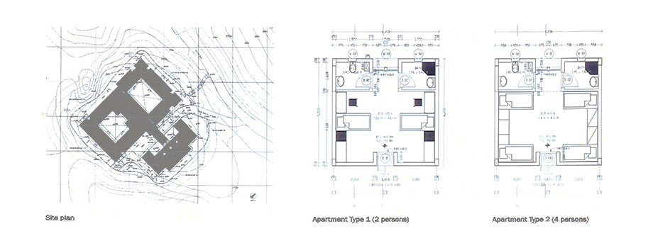 Site plan and typical room plans of the staff accommodation at the Al Maha Desert Resort & Spa designed by RTAE, Dubai