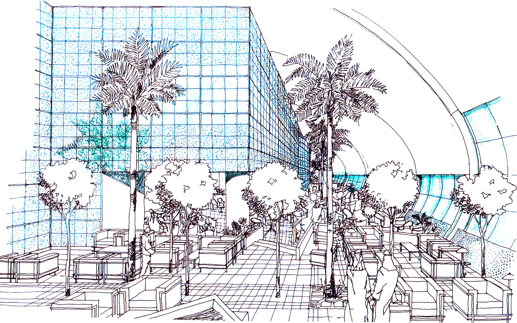 one point perspective drawings of the original Emirates First and Business Class lounges at the Dubai International Airport interior design by RTAE, Dubai