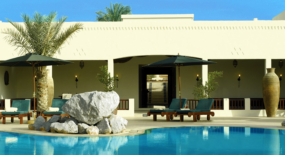 View from the pool of the Timeless Spa at the Al Maha Desert Resort & Spa designed by RTAE, Dubai.